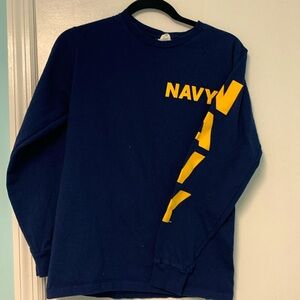 Navy t-shirt size small color navy with yellow words on sleeve
